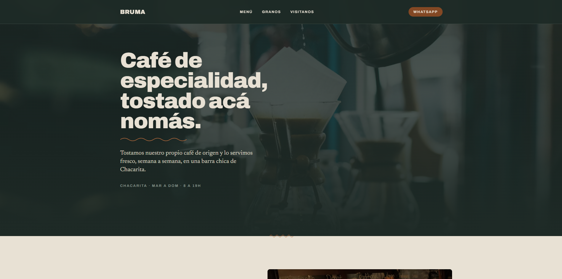 Captura de la landing de Bruma, café de especialidad, con foto de producto a pantalla completa